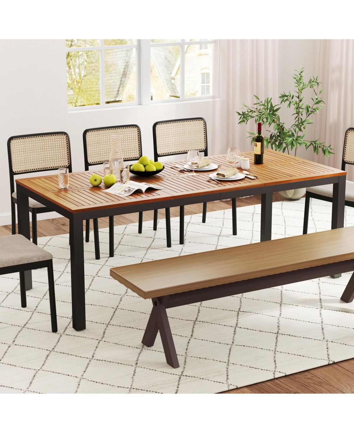 Gymax Patio Dining Table for 8 79'' Large Rectangle Table w/ Acacia Wood Tabletop