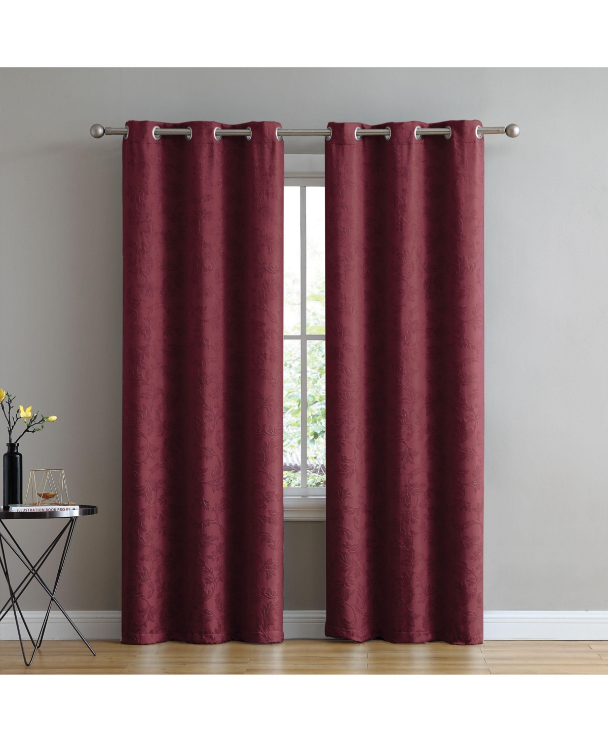 Chic Living 2 Pack Floral Leaves Embossed Room Darkening Grommet Top Curtain Panels - 84 in. Long - Silver - Wine/burgundy