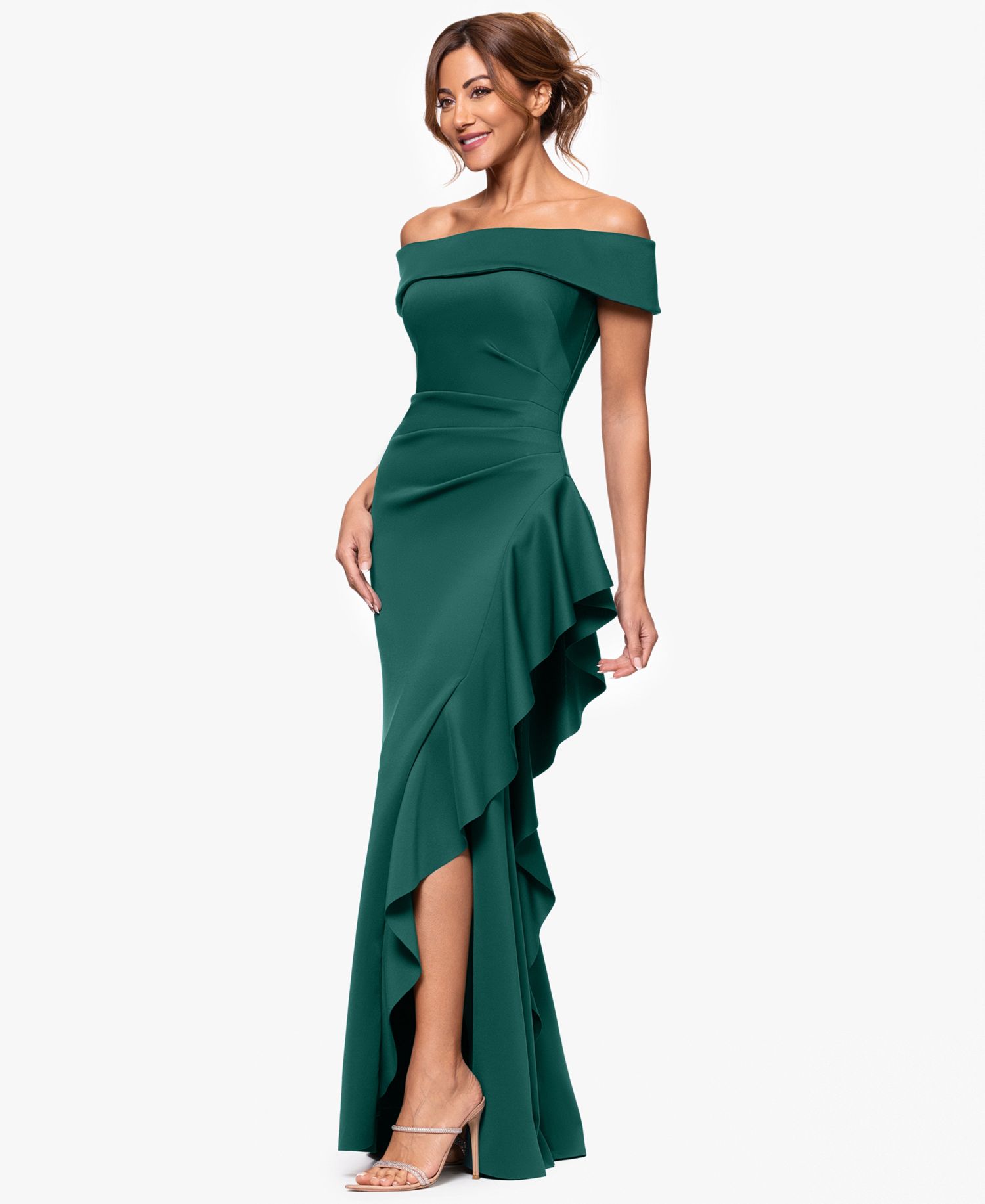 Petite Off-The-Shoulder Ruffled Side-Slit Gown