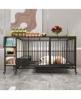Large Pet Cage w/ Storage & Stainless Steel Bowls (Black/Beige)