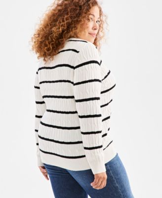 Plus Size Cotton Cable-Knit Crewneck Stripe Sweater, Macy's Exclusive