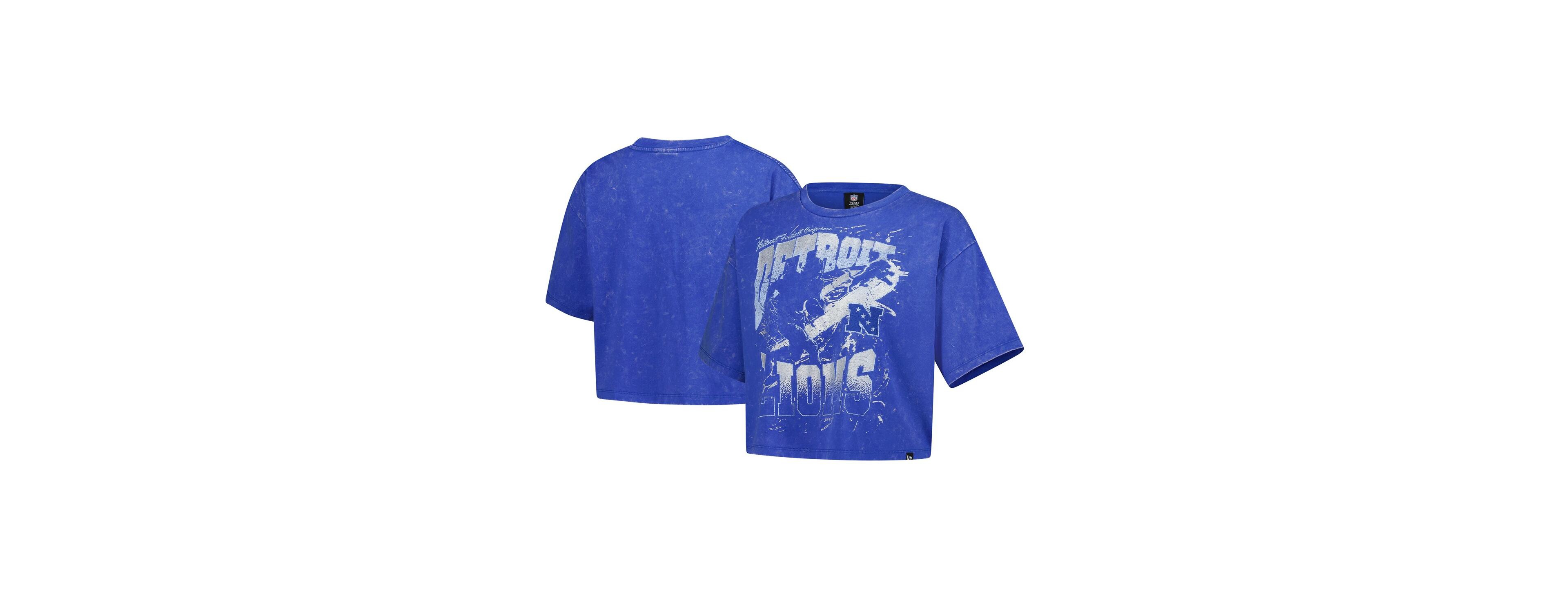 New Era Women's Blue Detroit Lions Cropped Boxy Sport Classics Mineral Wash T-Shirt