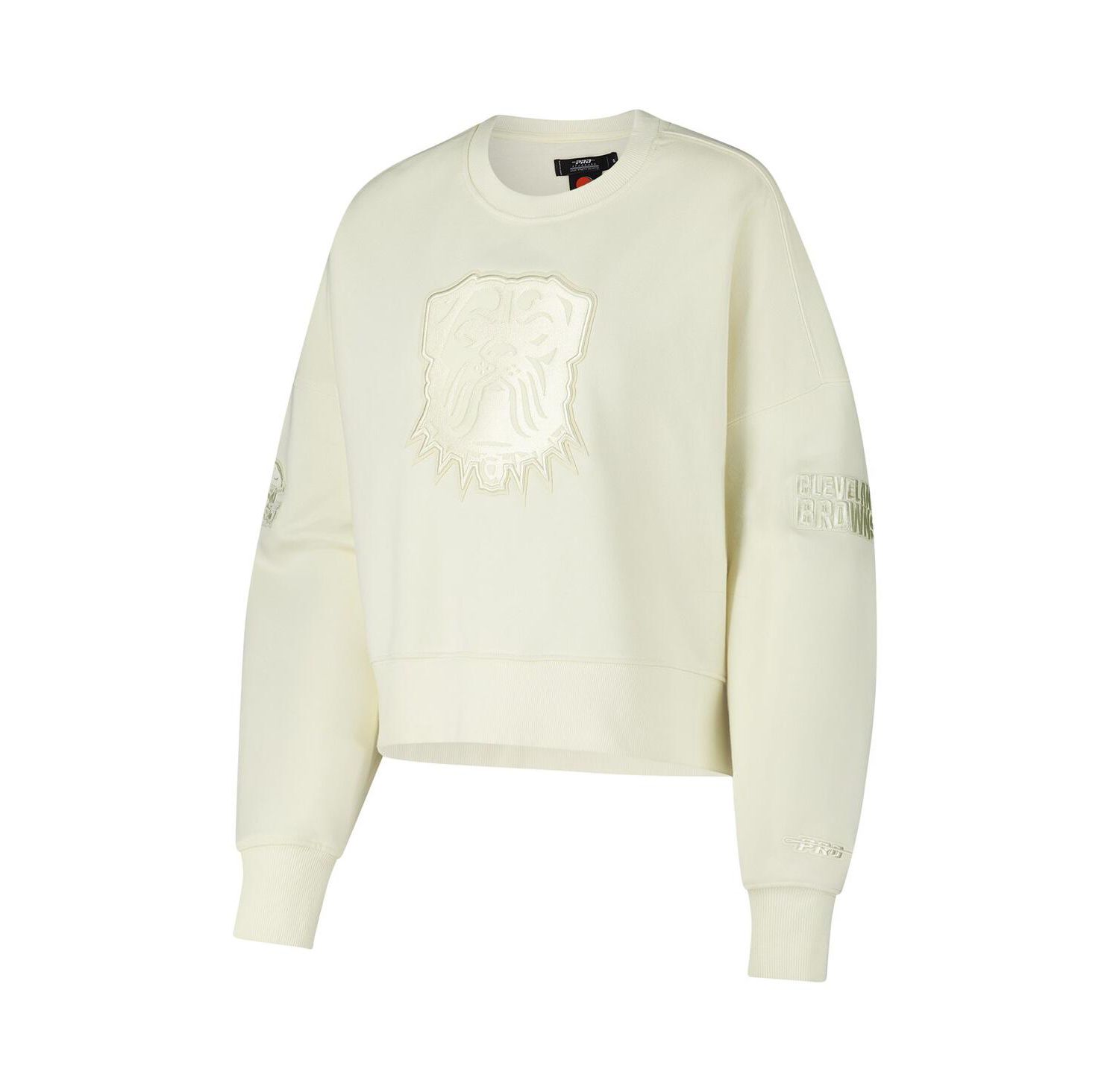 Women's Cream Cleveland Browns Triple Tonal Cropped Fleece Pullover Sweatshirt