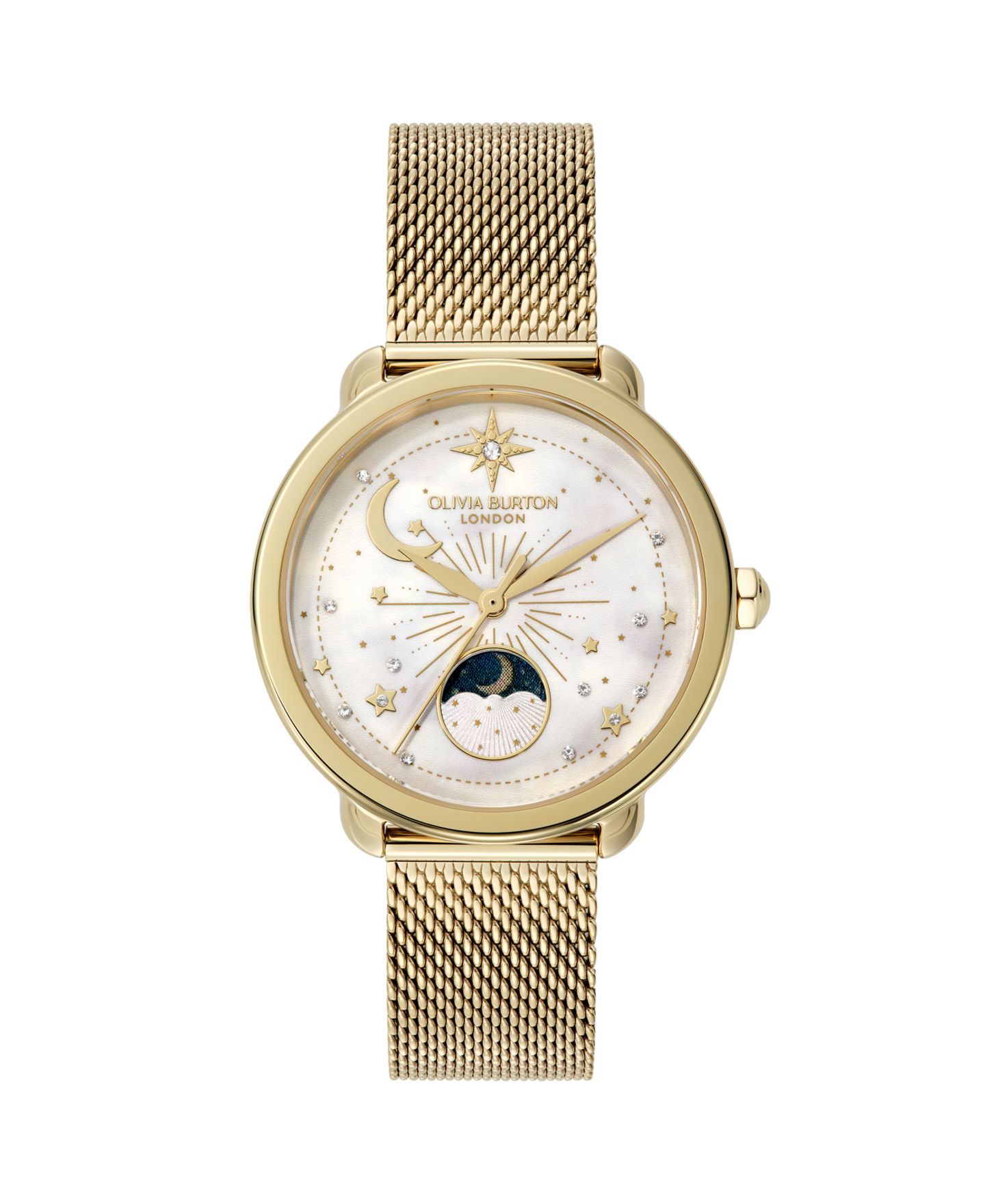 Женские часы Olivia Burton Moonphase Gold Tone Stainless Steel Mesh Bracelet Watch, 34mm — фото 1