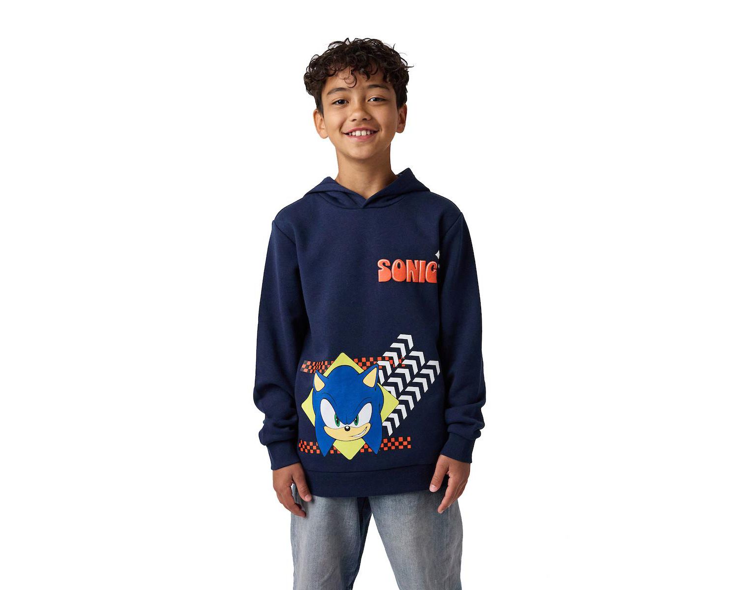 Little Boys Sonic Arrows and Checkered Flags Youth Navy Long Sleeve Hooded Sweatshirt-4