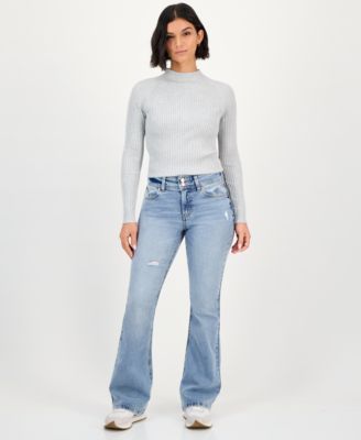 Juniors' Double-Button Distressed Bootcut Jeans