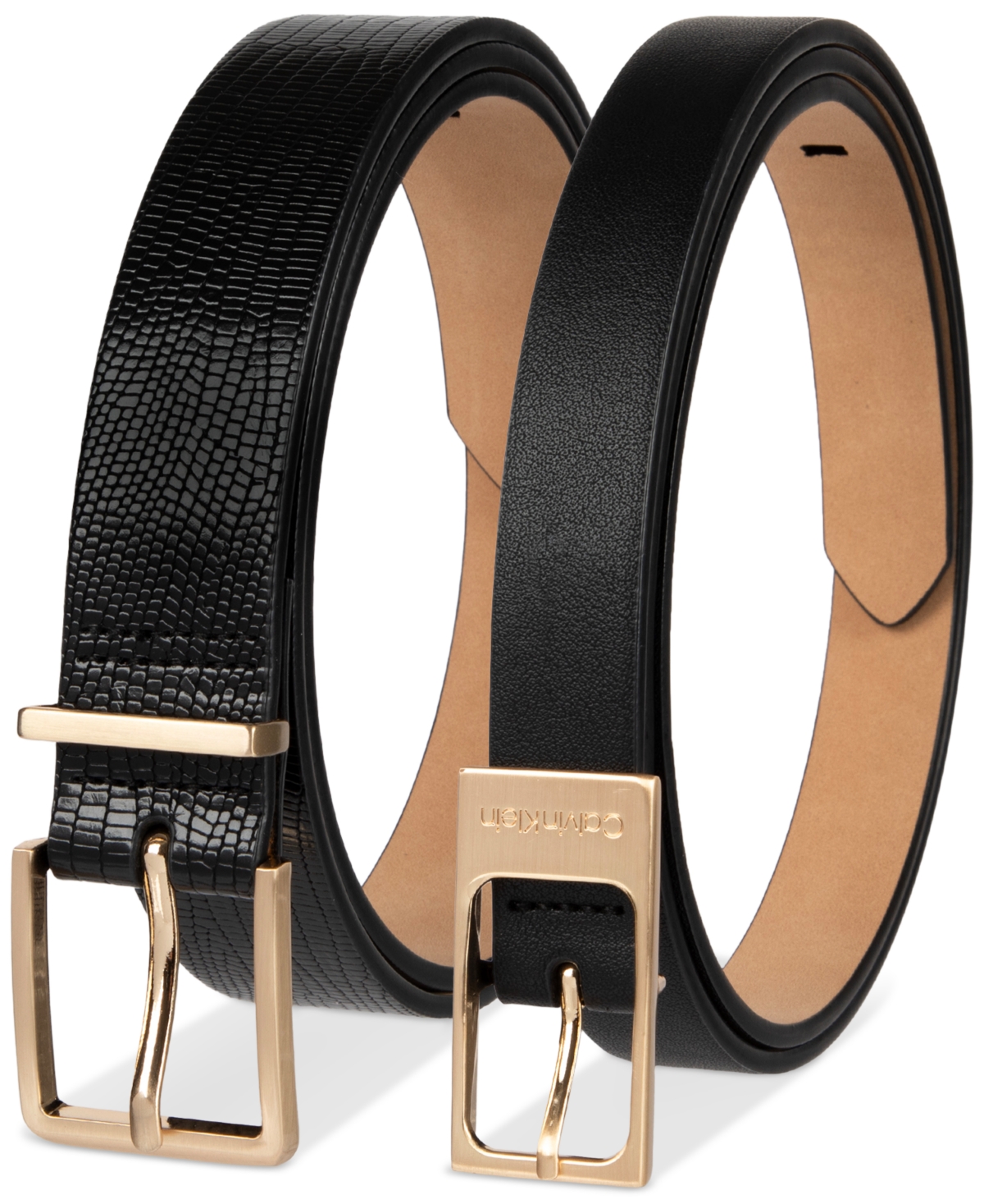 Calvin Klein 2-pc. Skinny Faux-leather & Embossed Belt Set In Black