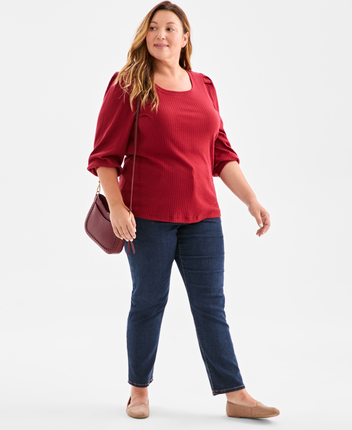 Style & Co Plus Size Soild 3/4-sleeve Blouse, Macy's Exclusive In Red
