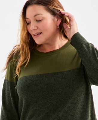 Plus Size Cotton Color-Block Crewneck Sweater, Macy's Exclusive