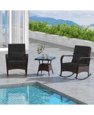 3-Piece PE Wicker Rocking Chair Patio Set with Tempered Glass Table – Ideal for Poolside, Backyard, or Porch