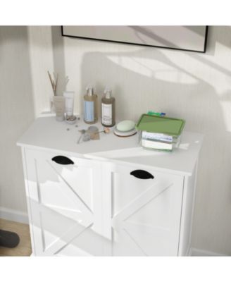 Tilt-Out Laundry Hamper Cabinet with Two Sorting Compartments and Top Shelf Organizer