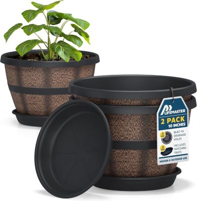 10-Inch Whiskey Barrel Planters, pack of 2. Durable plastic with drainage and saucer, lightweight, perfect for flowers