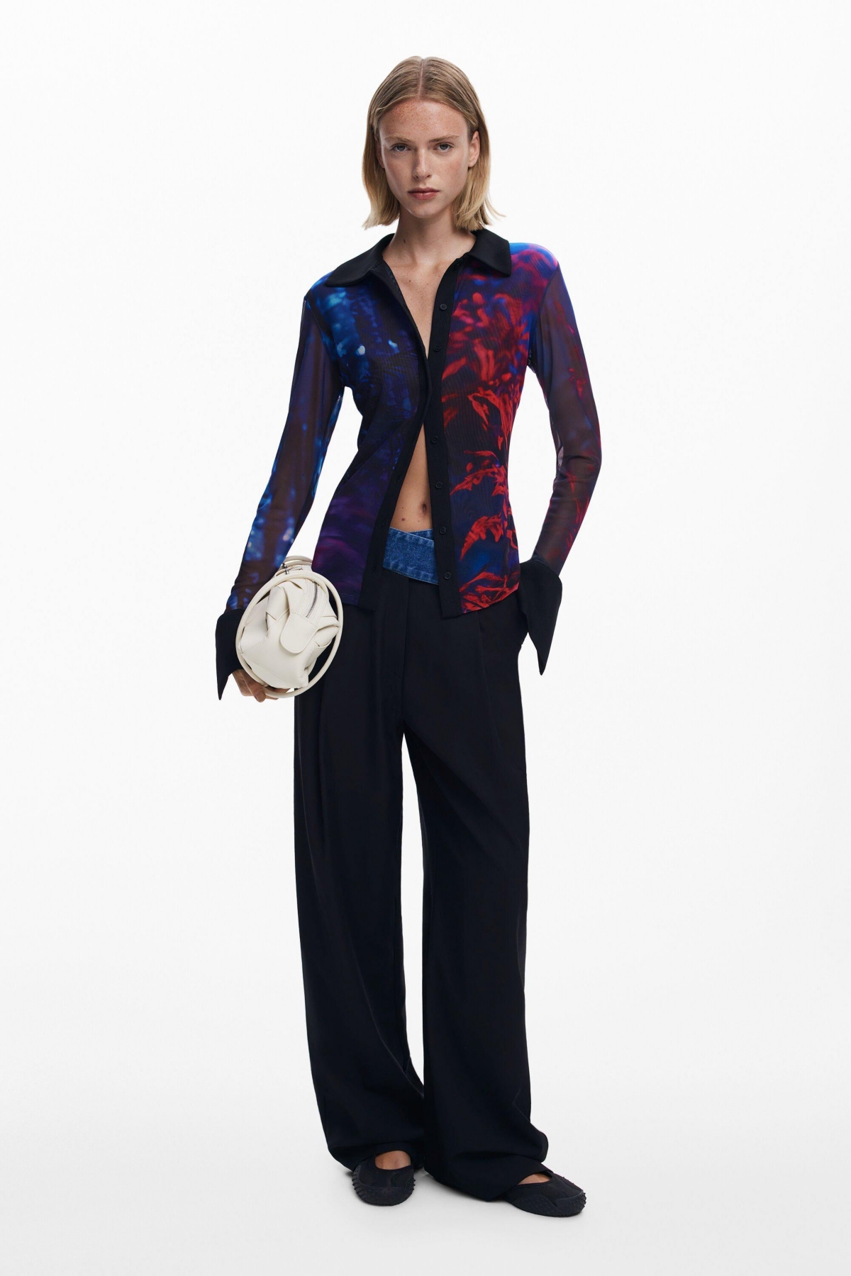 Desigual Rib Trim Mesh Button-up Shirt In Black
