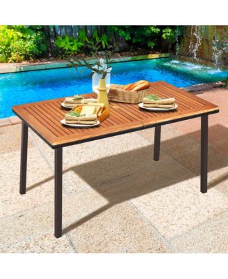 Rectangle Patio Outdoor Dining Table Acacia Wood Tabletop w/ 2'' Umbrella Hole