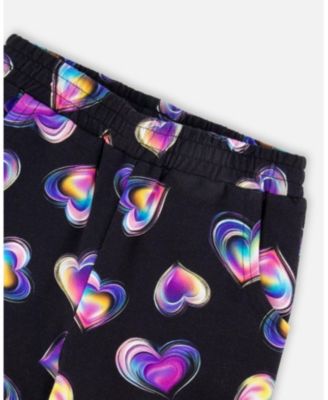 Girl Wide Leg Fleece Pants Black and Multicolor - Child