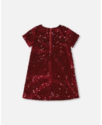 Big Girls Velvet Short Sleeve Dress Red