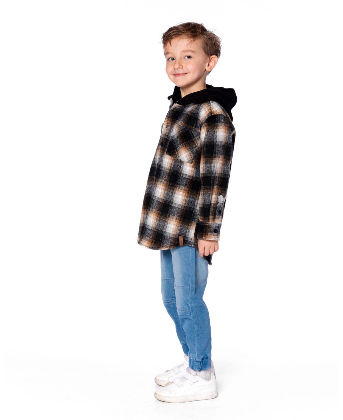 Deux par Boy Hooded Polar Fleece Overshirt with Hood Black and Brown Plaid
