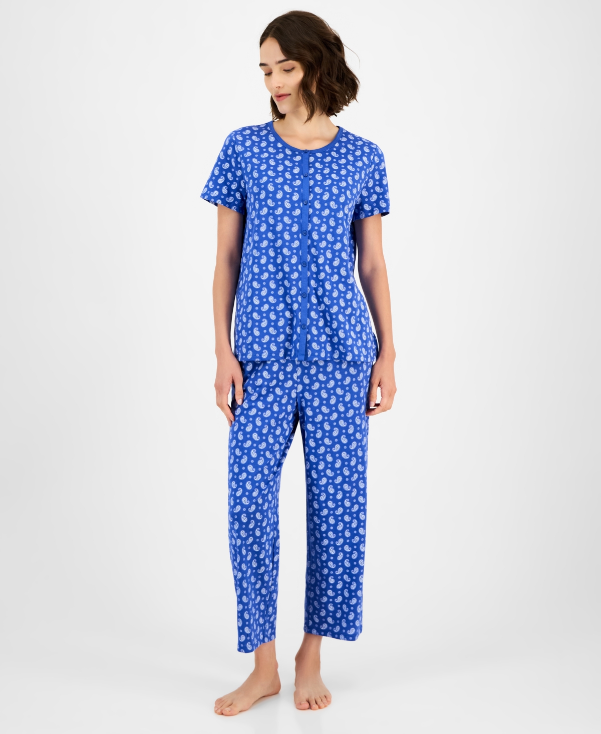 Charter Club Women's 2-pc. Cotton Printed Cropped Pajamas Set, Created For Macy's In Blue