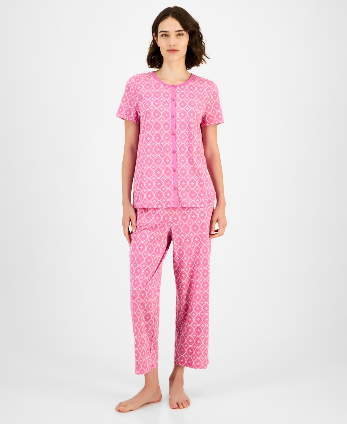 Charter Club Women's 2-pc. Cotton Printed Cropped Pajamas Set, Created For Macy's In Pink