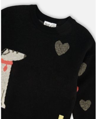 Toddler Girls Knit Sweater Black with Dalmatian and Hearts - Toddler|Child