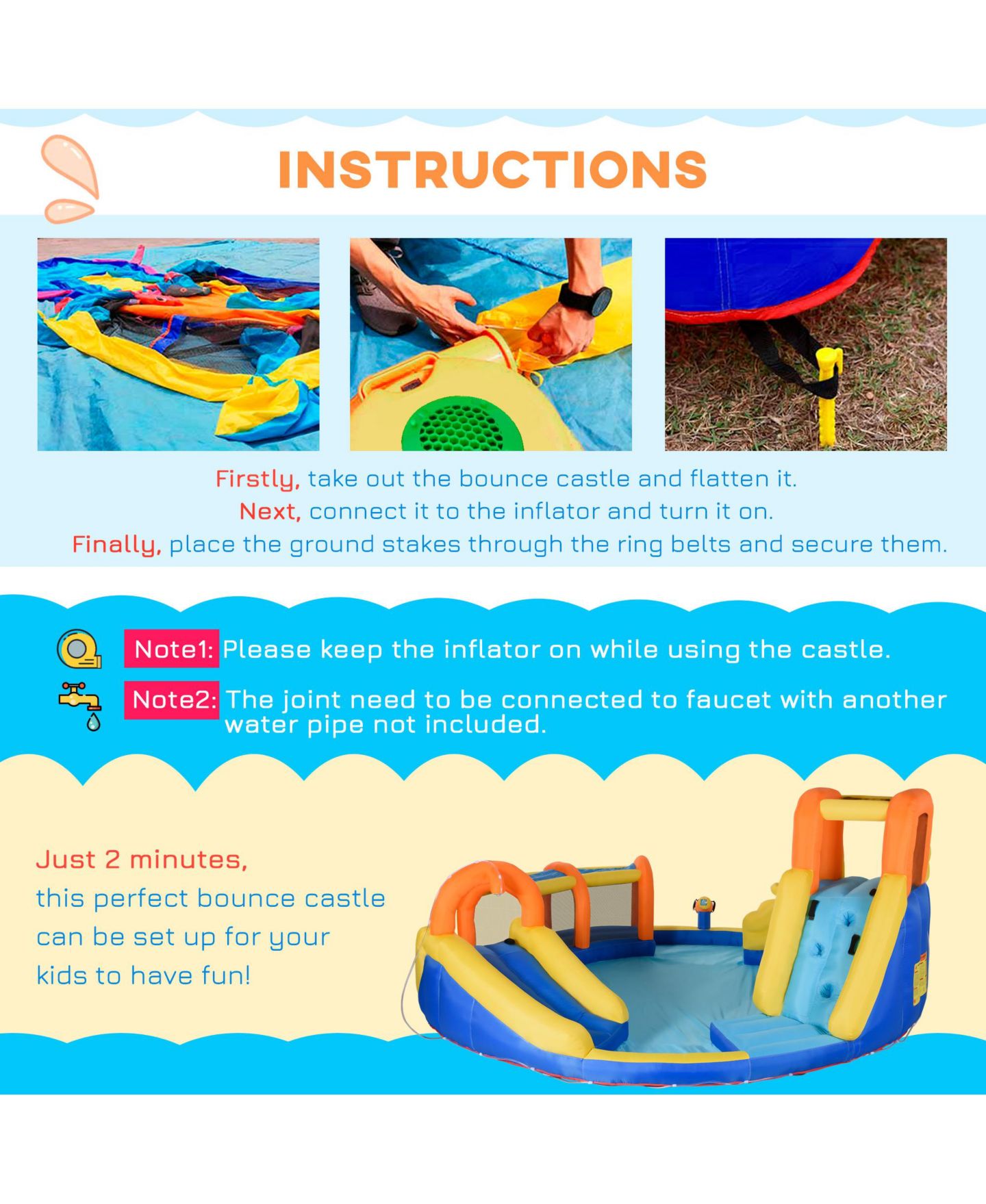 Детская игрушка Outsunny Inflatable Water Slide with Pool Gun Basket Climbing Wall with 750W Inflator — фото 6