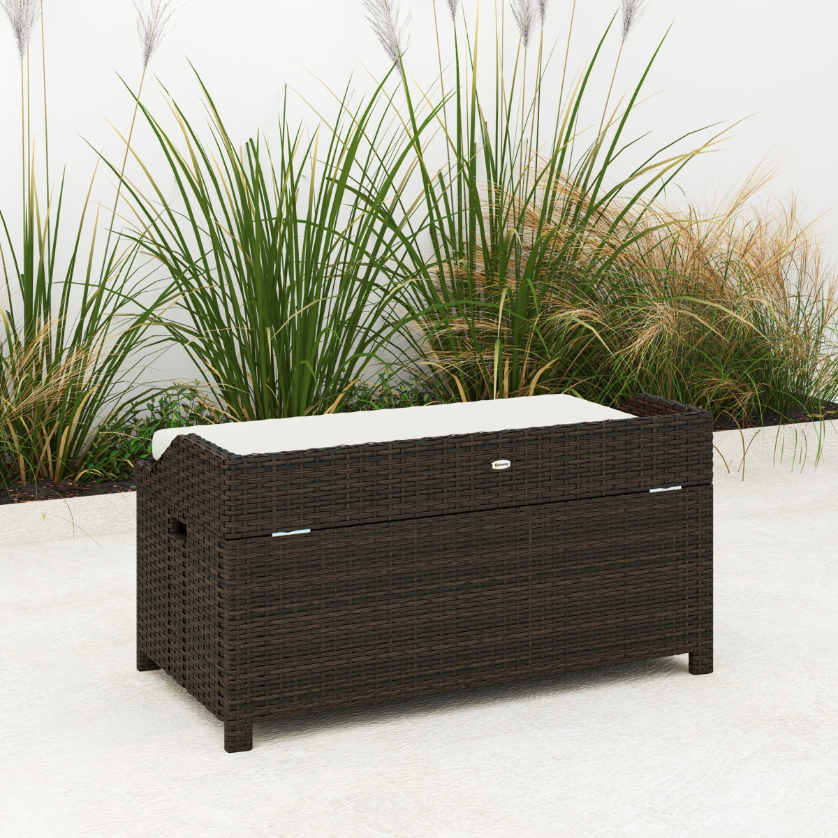Outsunny Wicker Storage Bench Deck Box with Comfortable Cushion