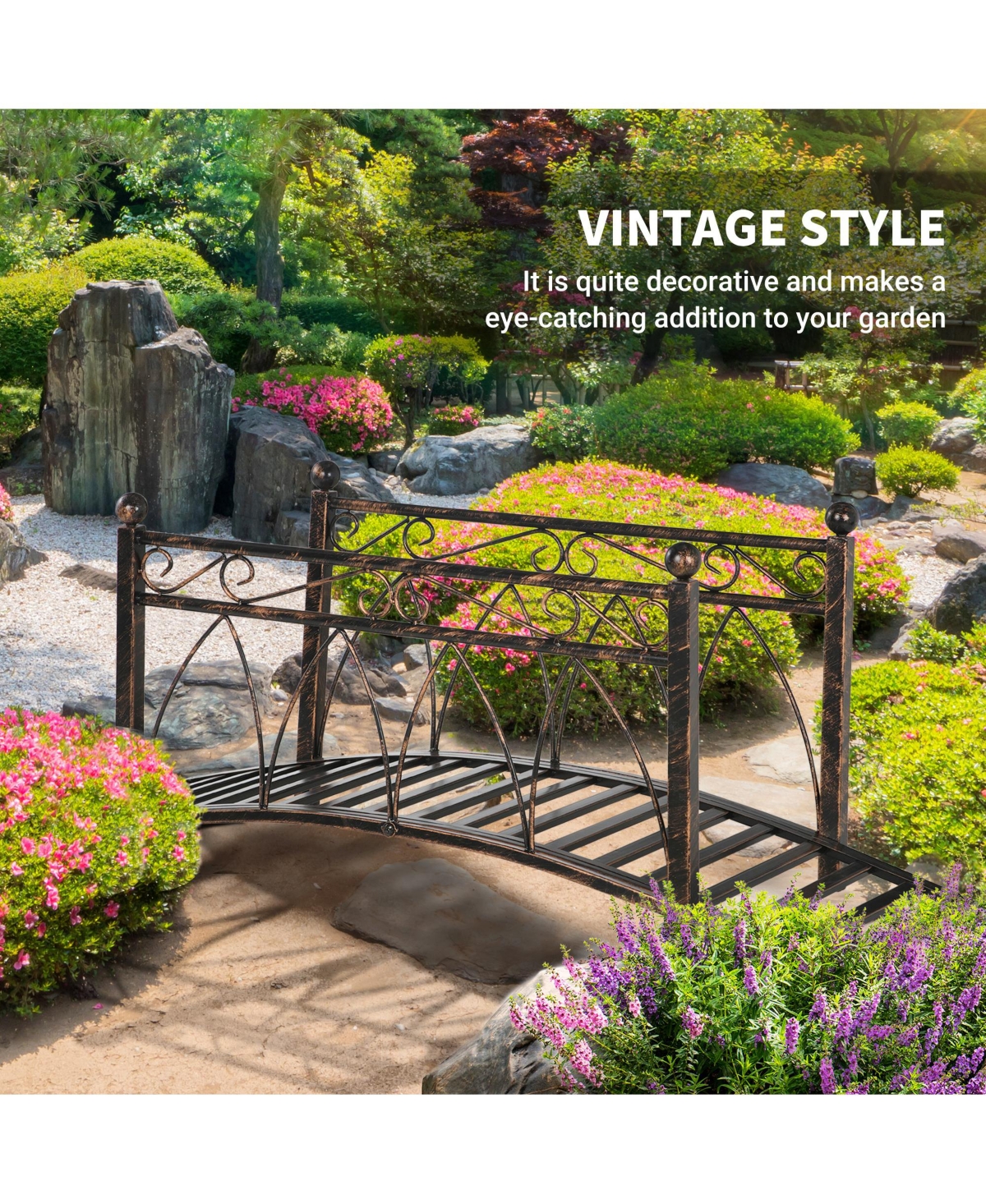 Outsunny 3.3' Metal Arch Zen Garden Bridg with Safety Siderails,