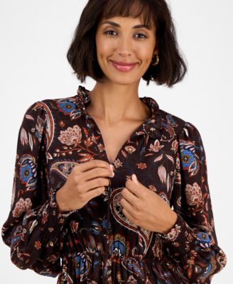 Women's Printed Split-Neck Long-Sleeve Midi Dress