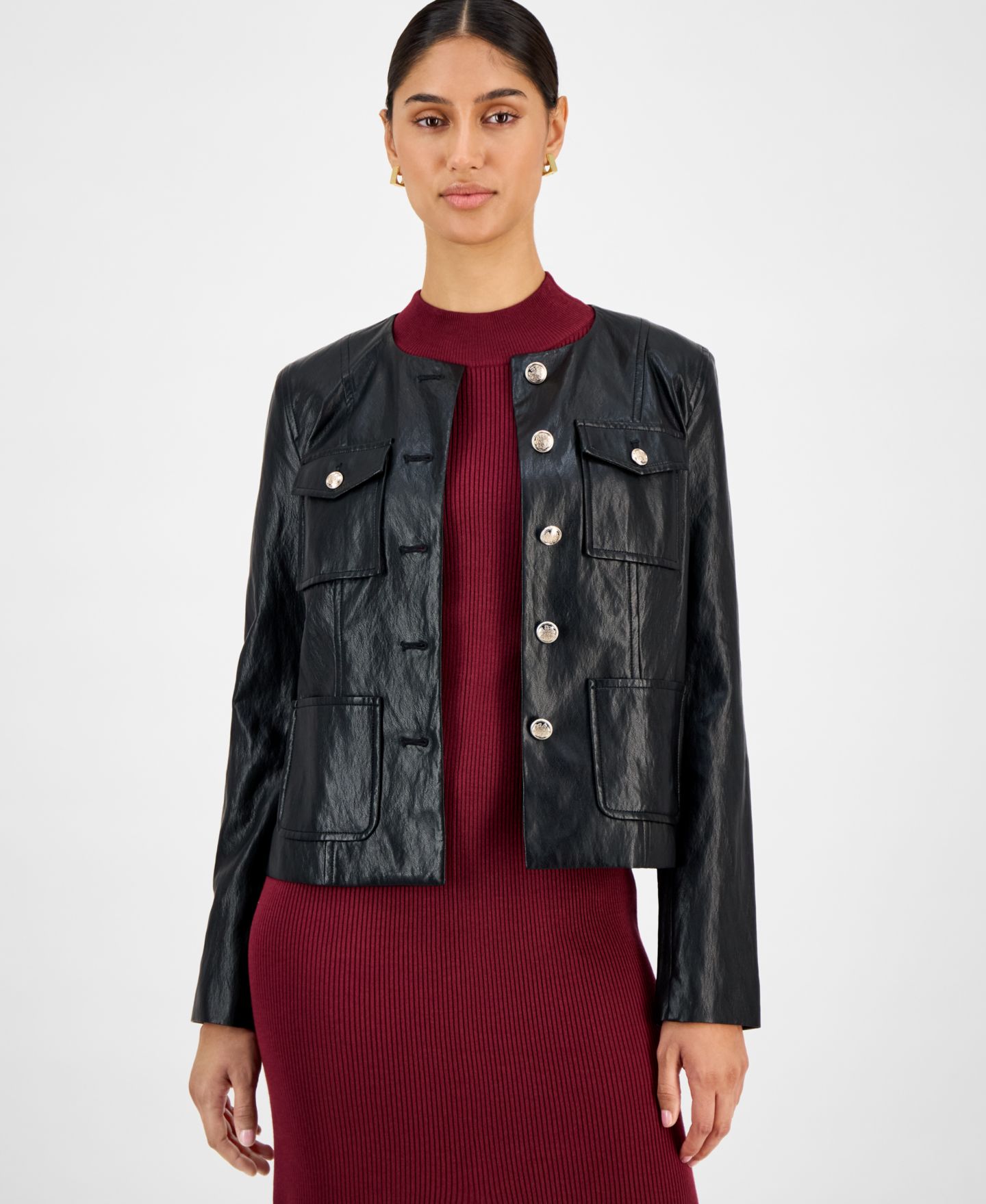 Женская куртка T Tahari Button-Front Faux Leather, цвет: Чёрный — фото 1