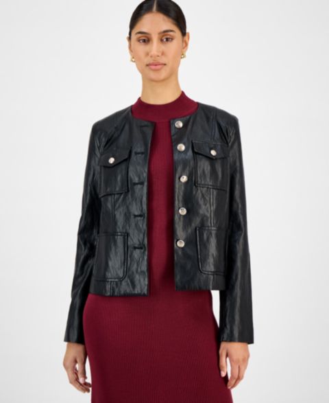 Женская куртка T Tahari Button-Front Faux Leather, цвет: Чёрный