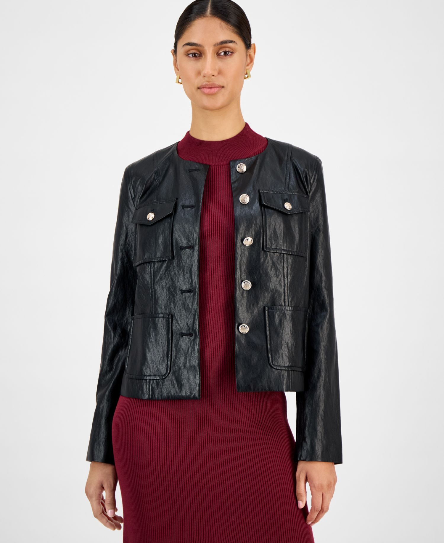 Women's Button-Front Faux Leather Jacket