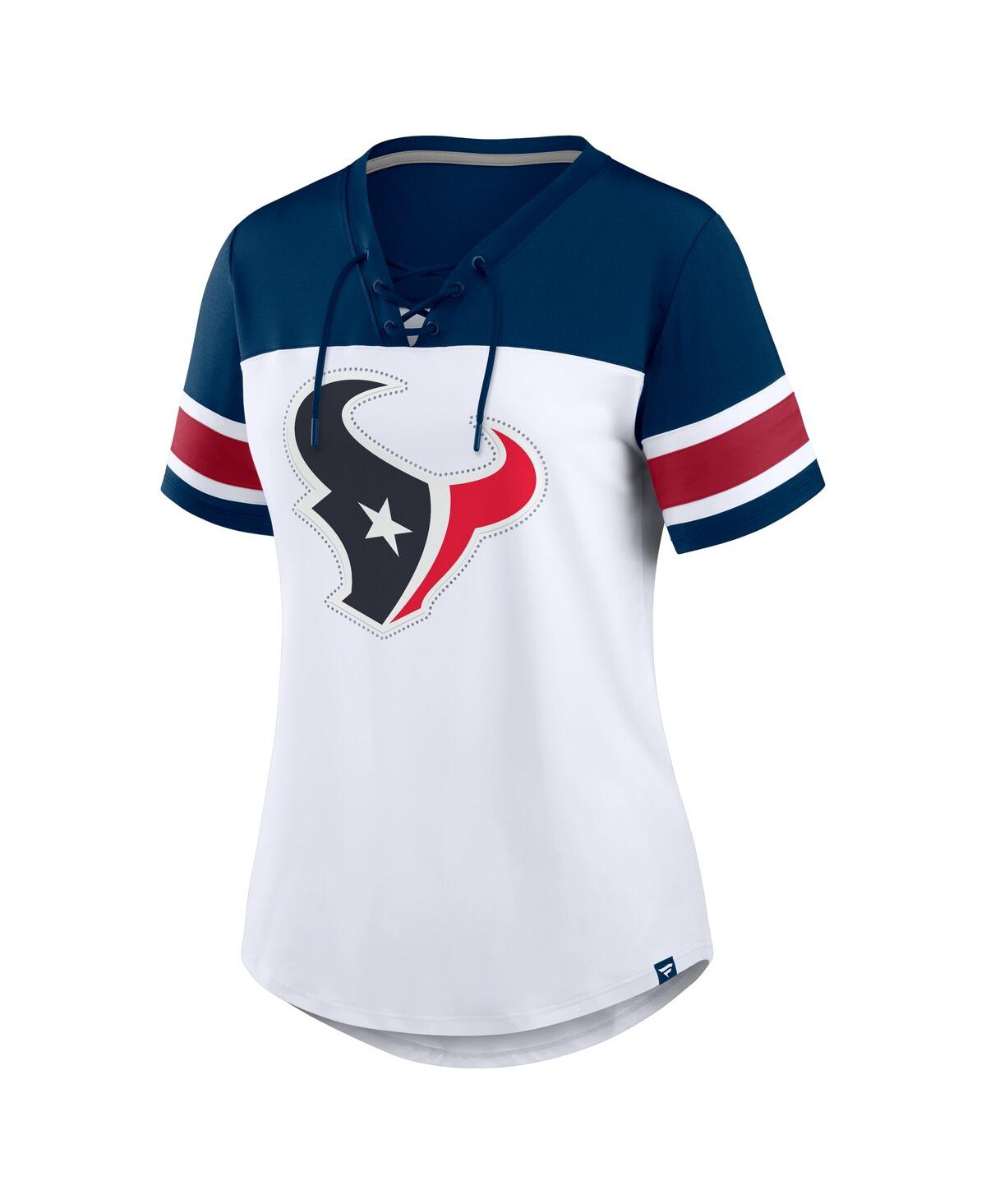 Fanatics Women's White/navy Houston Texans Athena Rhinestone Lace-up V-neck T-shirt In Multi