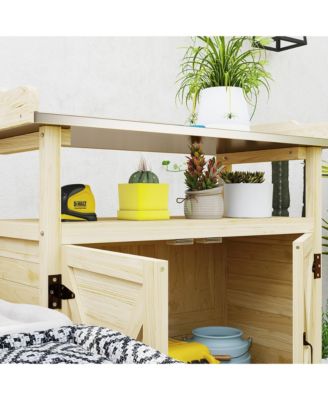 Outdoor Potting Bench with Storage, Wheels, Natural Wood