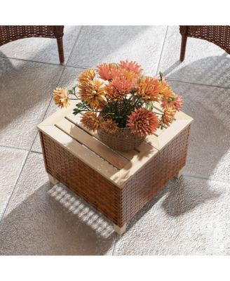 Outdoor Side Table with PE Rat, Patio End Table with Wood Top