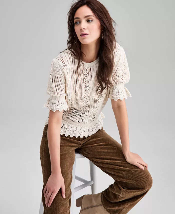 Women's Round-Neck Open-Knit Sweater - thumbnail 4