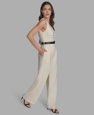 Women's Belted V-Neck Sleeveless Jumpsuit