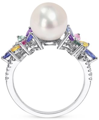 Cultured Freshwater Pearl (9mm), Multi-Sapphire (1-5/8 ct. t.w.) & Diamond (1/8 ct. t.w.) Ring in 14k White Gold