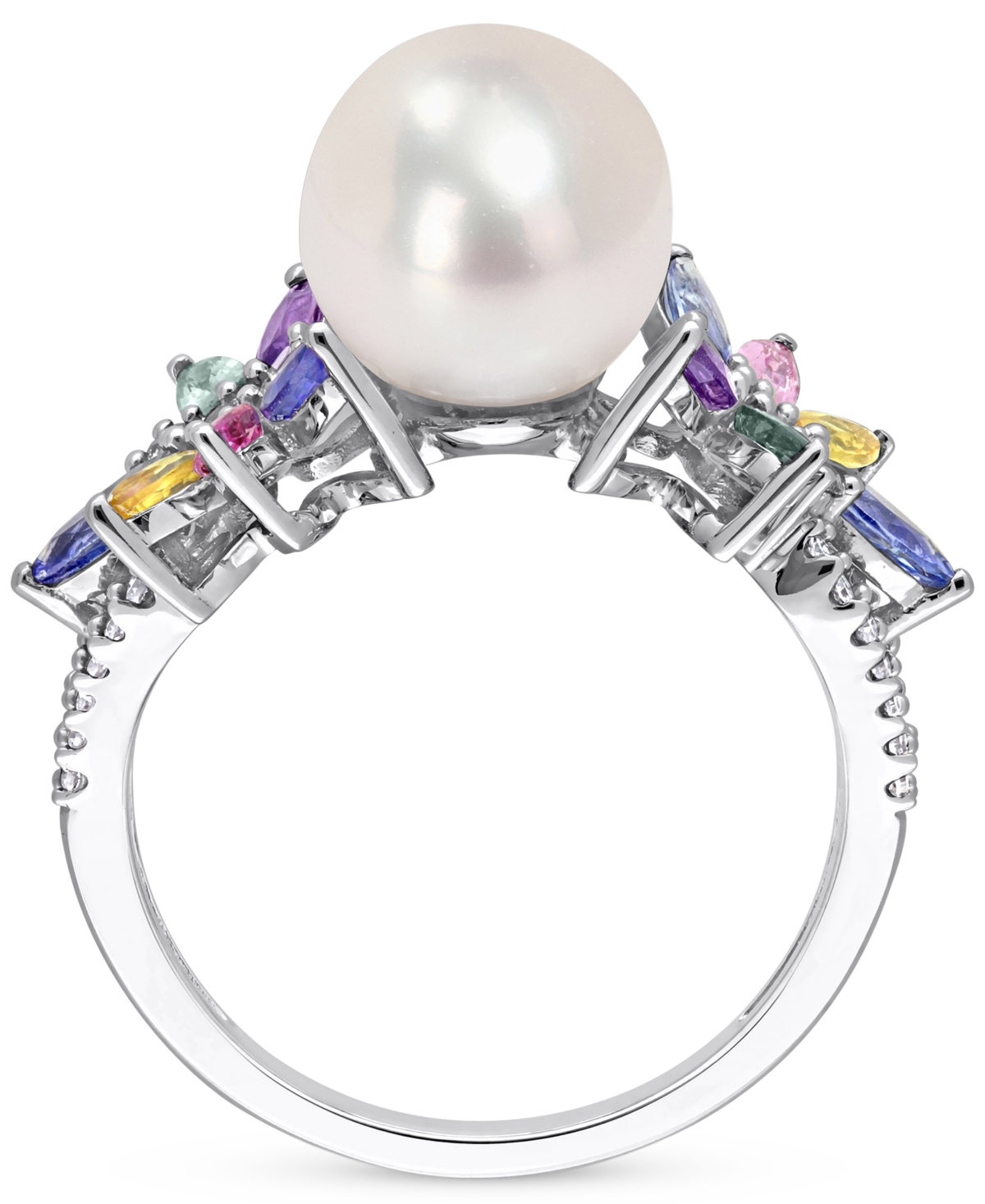 Macy's Cultured Freshwater Pearl (9mm), Multi-sapphire (1-5/8 Ct. T.w.) & Diamond (1/8 Ct. T.w.) Ring In 14 In Multi