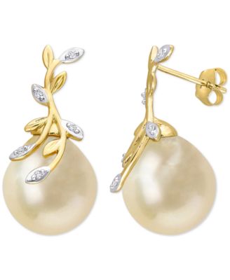 Macy's - Cultured Golden South Sea Pearl (12mm) & Diamond (1/20 ct. t.w.) Vine Stud Earrings in 14k Gold