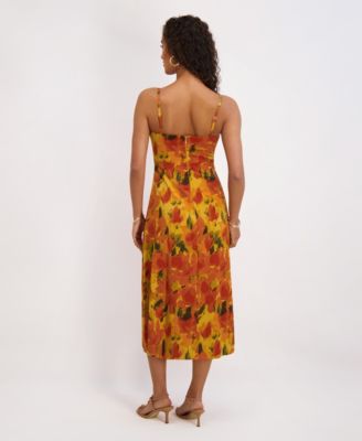 Women's Printed Satin Sleeveless V-Neck Maxi Dress