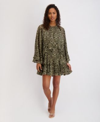 kensie - Women's Printed Ruffled Volume-Sleeve Tiered Dress