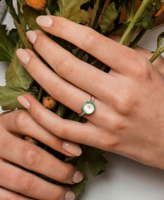 Cultured Freshwater Pearl (7-7.5mm) & Emerald (1/3 ct. t.w.) Ring in Sterling Silver