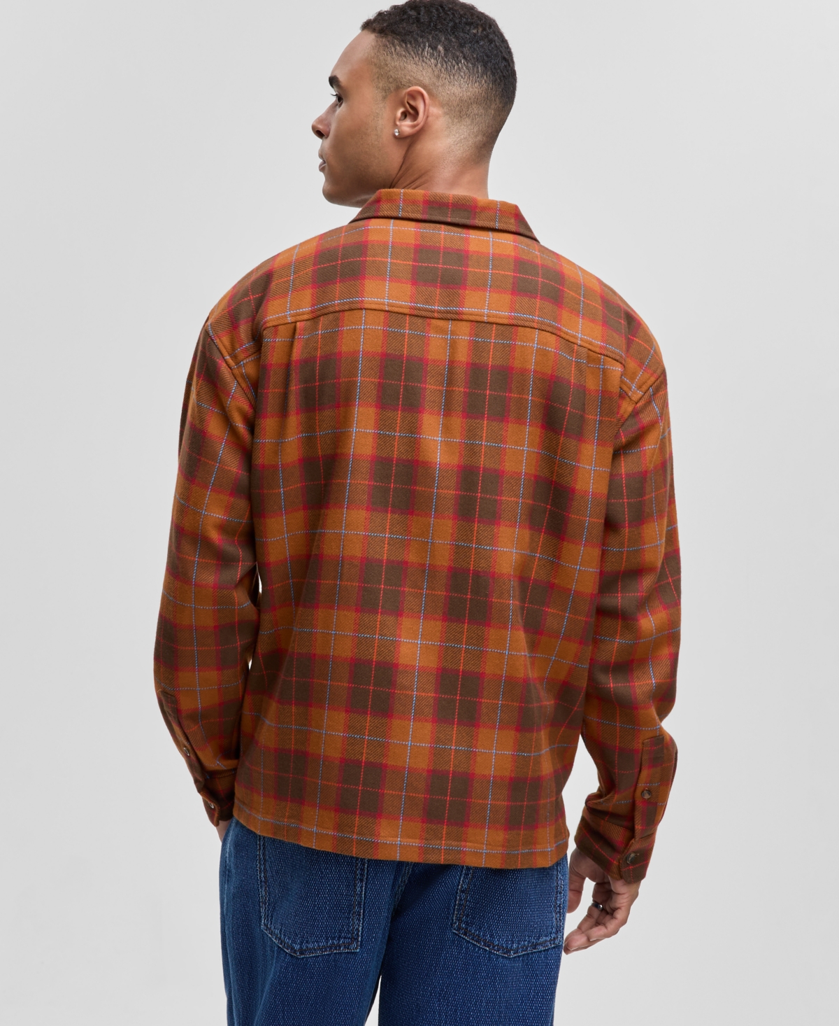 Mode Of One Men's Relaxed-fit Camp-collar Plaid Flannel Shirt, Macy's Exclusive In Orange