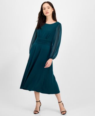 Connected - Petite Shirred-Waist Sheer-Sleeve Midi Dress