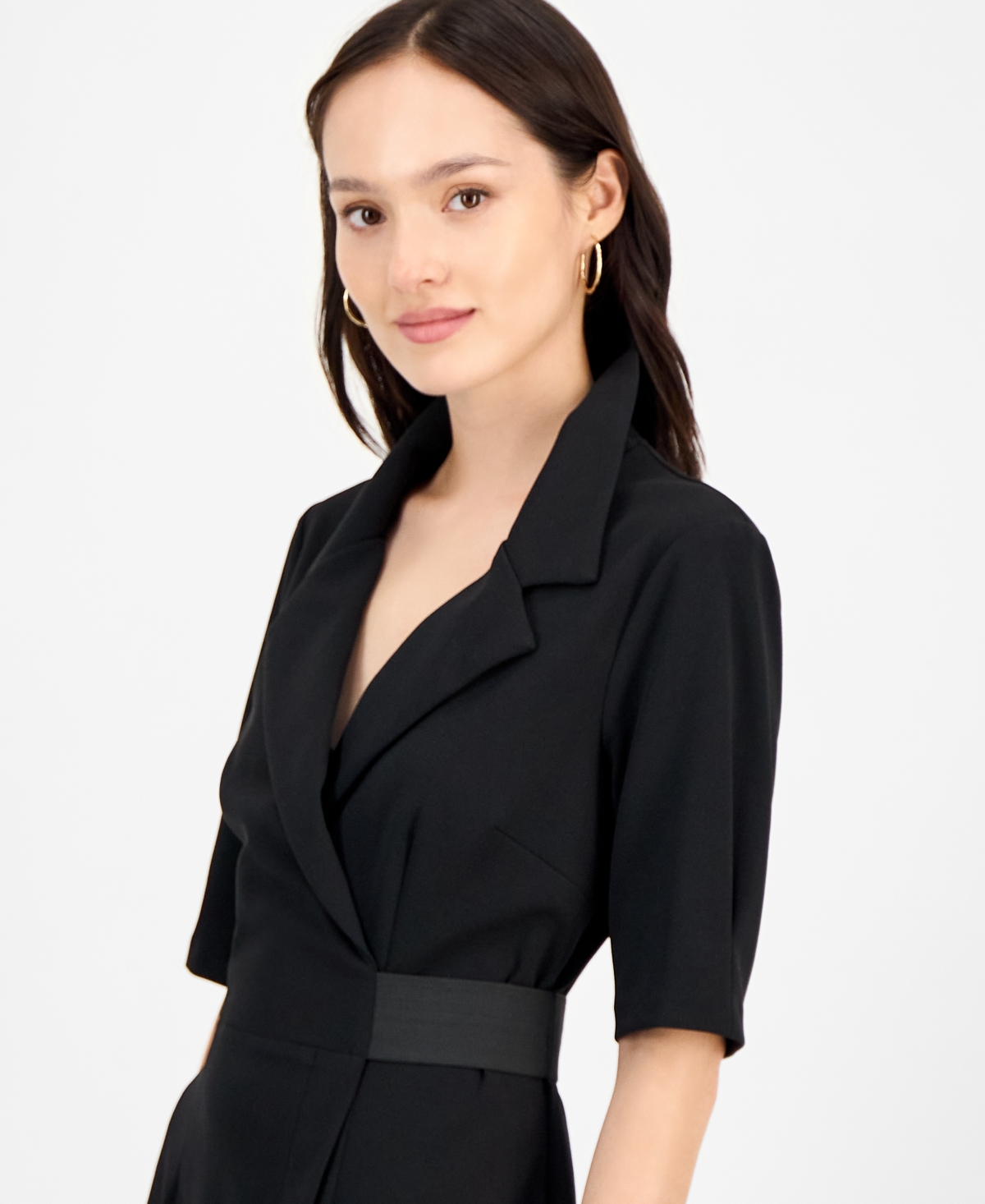 Connected Petite Scuba Faux-wrap Notch-collar Dress In Black