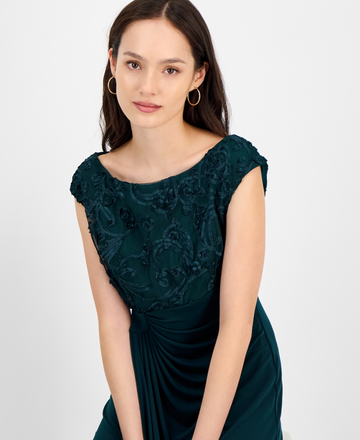 Connected Petite Textured-Bodice Boat-Neck Cap-Sleeve Dress