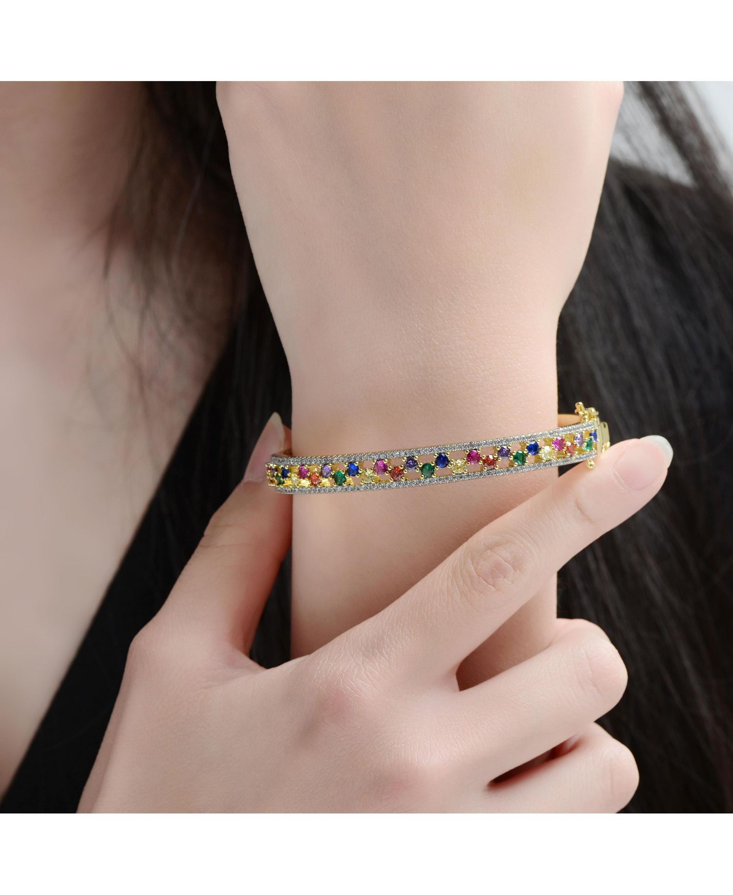Plated with Round Clear & Multi-Colored Cubic Zirconia Bangle Bracelet