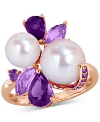 Macy's - Cultured Freshwater Pearl (7-8.5mm), Amethyst (1-1/8 ct. t.w.) & Rose de France (5/8 ct. t.w.) Ring in 18k Rose Gold-Plated Sterling Silver