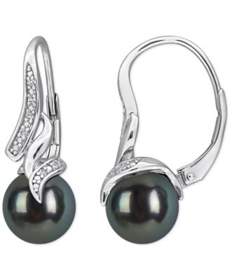 Macy's - Cultured Tahitian Pearl (8-8.5mm) Diamond Accent Earrings in Sterling Silver