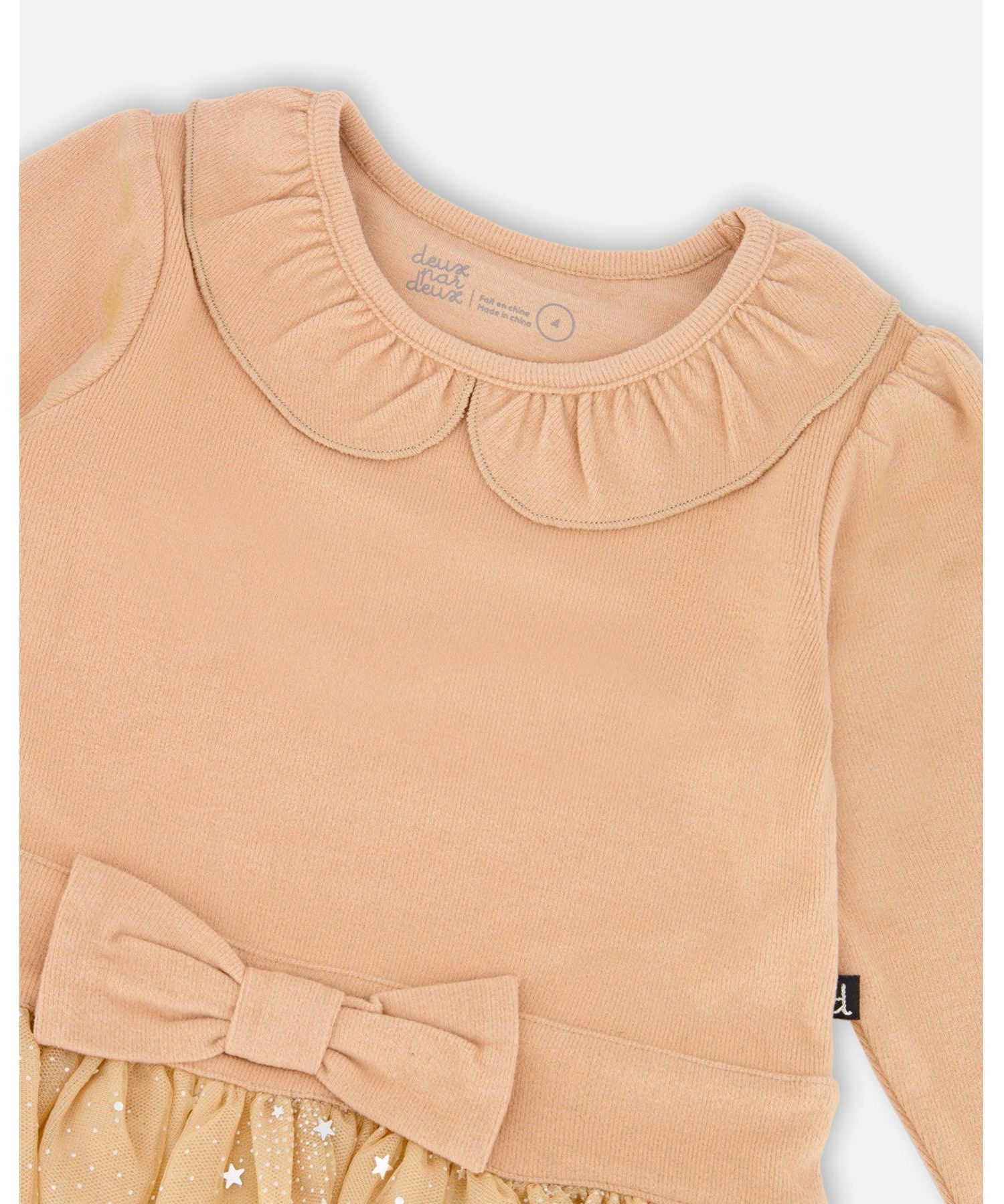 Baby Girl Bi-Material Dress with Glittering Skirt Beige - Baby